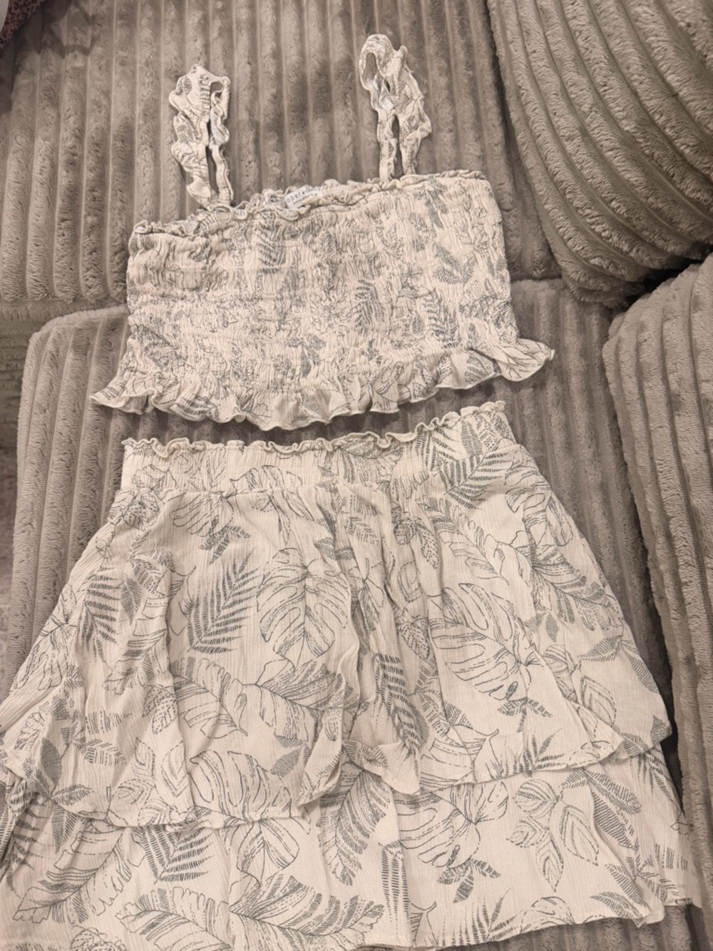 Girls White Leaf-Print Two-Piece Dress Set